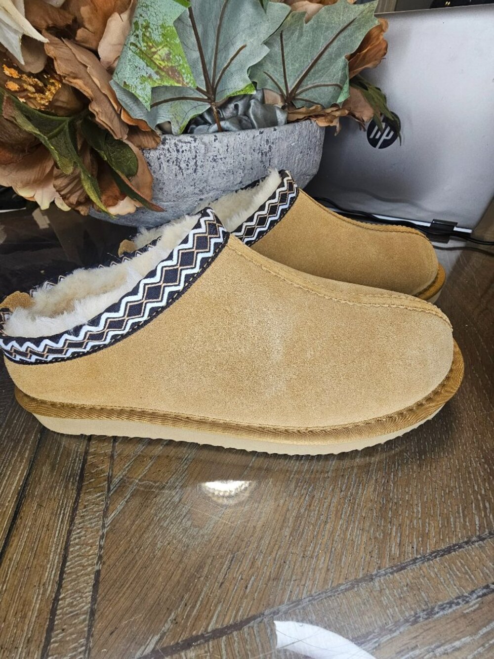 New Chestnut Suede Faux Shearling Platform Slippers